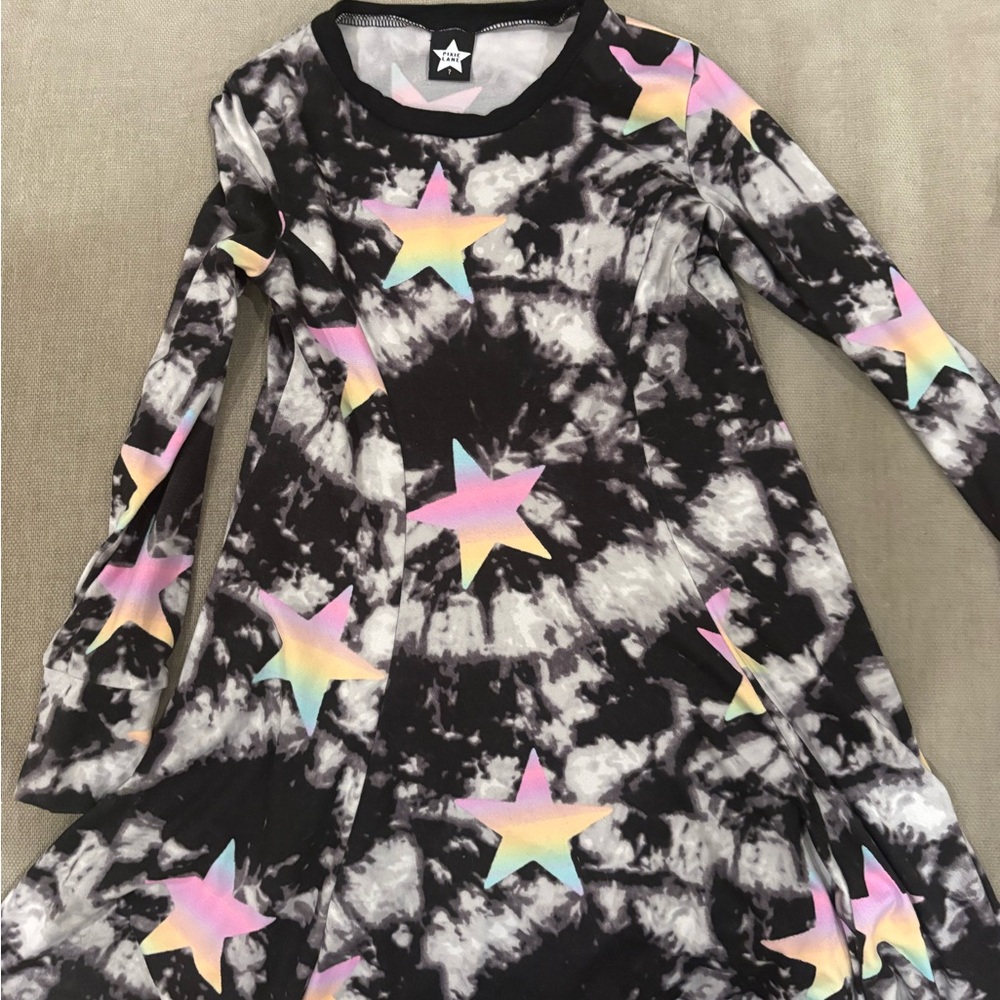 Kids Black Tie-Dye Star Print Long-Sleeve Dress